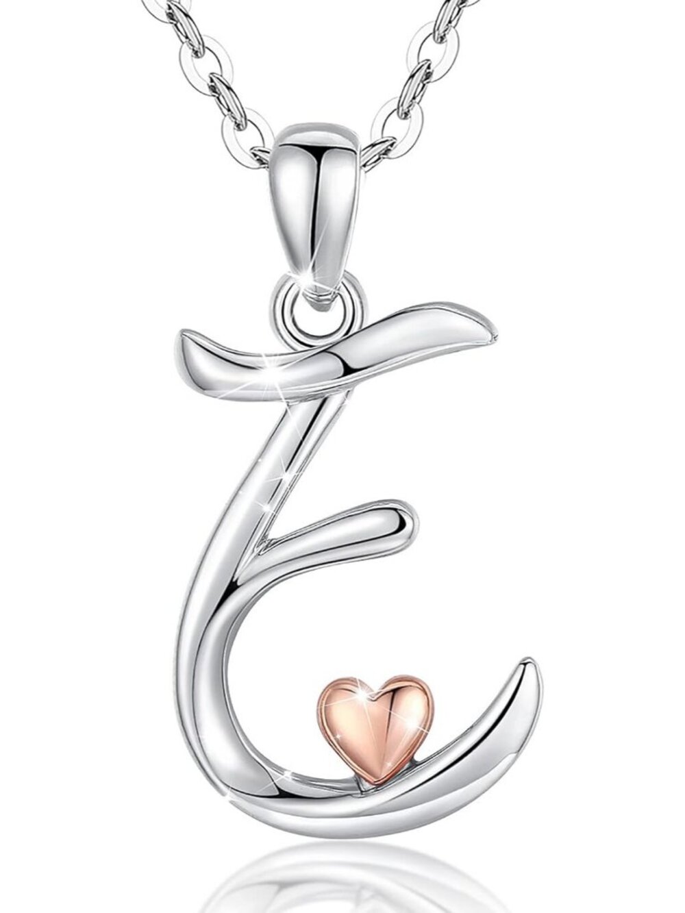 Women's Initial E Necklace Sterling Silver Letter Pendant Rose Gold Heart Chain